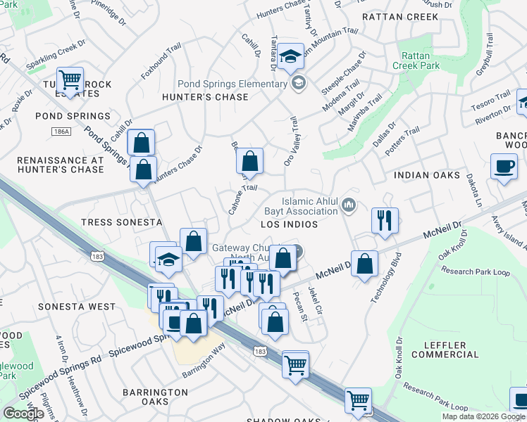 map of restaurants, bars, coffee shops, grocery stores, and more near 7807 Chimayo Cove in Austin