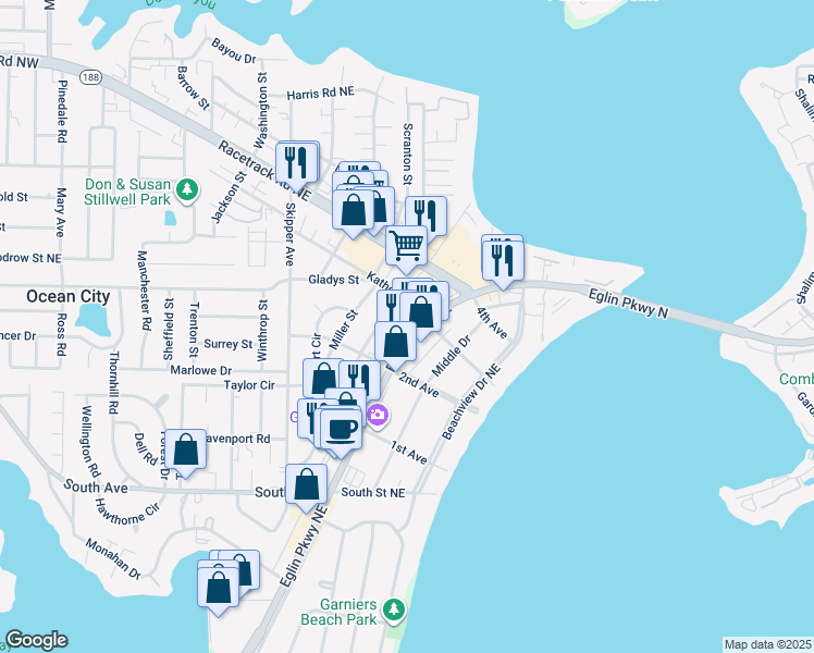 map of restaurants, bars, coffee shops, grocery stores, and more near 540 Eglin Parkway in Fort Walton Beach