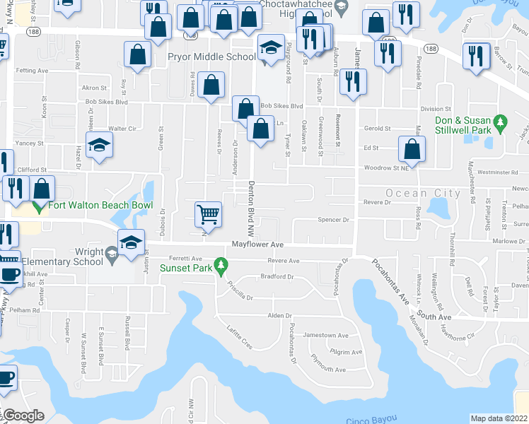map of restaurants, bars, coffee shops, grocery stores, and more near 602 Colonial Drive in Fort Walton Beach