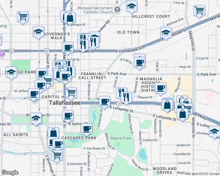 map of restaurants, bars, coffee shops, grocery stores, and more near 223 Fleming Street in Tallahassee