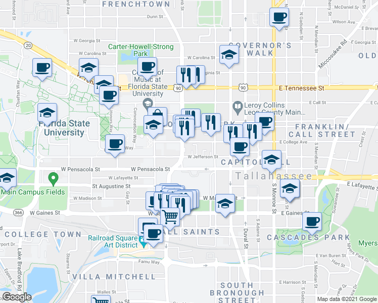 map of restaurants, bars, coffee shops, grocery stores, and more near in Tallahassee