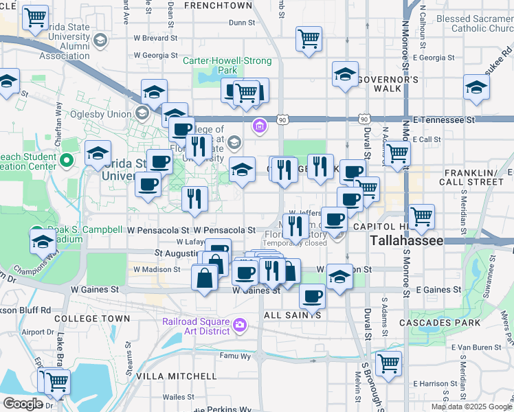 map of restaurants, bars, coffee shops, grocery stores, and more near 519 West Jefferson Street in Tallahassee