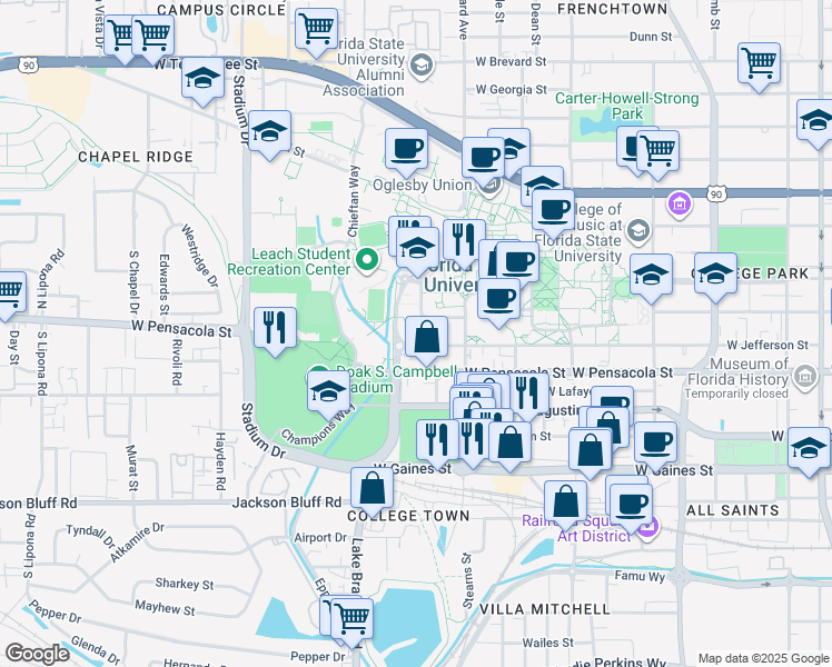 map of restaurants, bars, coffee shops, grocery stores, and more near 945 West Jefferson Street in Tallahassee