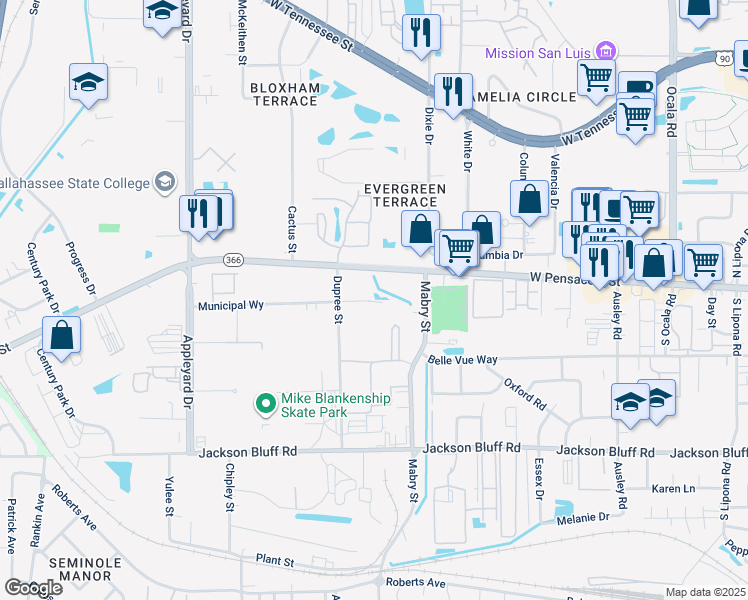 map of restaurants, bars, coffee shops, grocery stores, and more near 2501 Municipal Way in Tallahassee