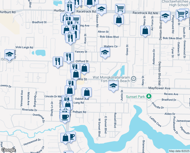 map of restaurants, bars, coffee shops, grocery stores, and more near 305 Lewis Street in Fort Walton Beach
