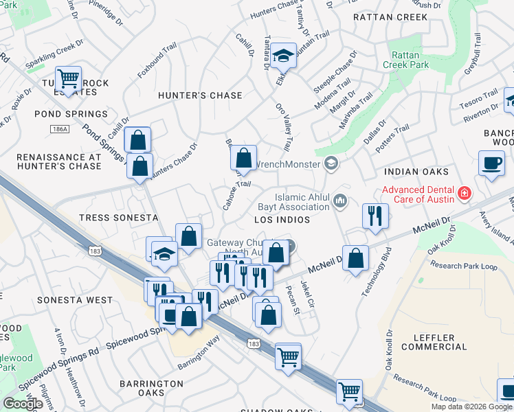 map of restaurants, bars, coffee shops, grocery stores, and more near 7807 Chimayo Cove in Austin