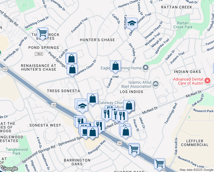 map of restaurants, bars, coffee shops, grocery stores, and more near 12307 Cahone Trail in Austin