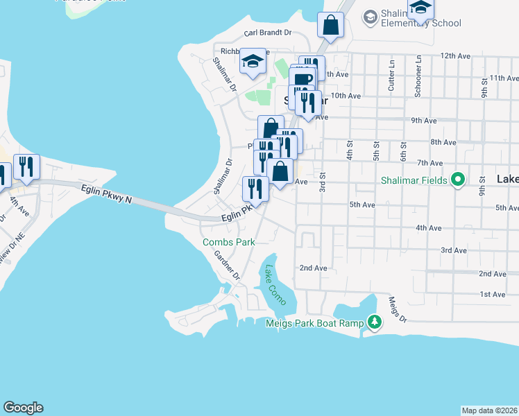 map of restaurants, bars, coffee shops, grocery stores, and more near 1111 Eglin Parkway in Shalimar