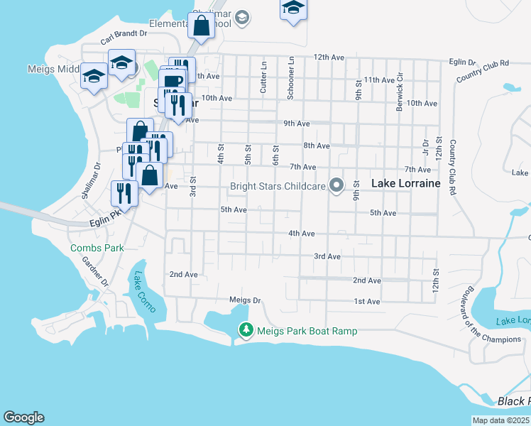 map of restaurants, bars, coffee shops, grocery stores, and more near 52A 5th Street in Shalimar