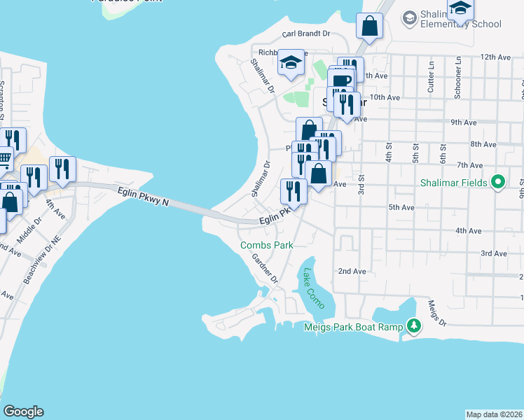 map of restaurants, bars, coffee shops, grocery stores, and more near 1004 Eglin Parkway in Shalimar