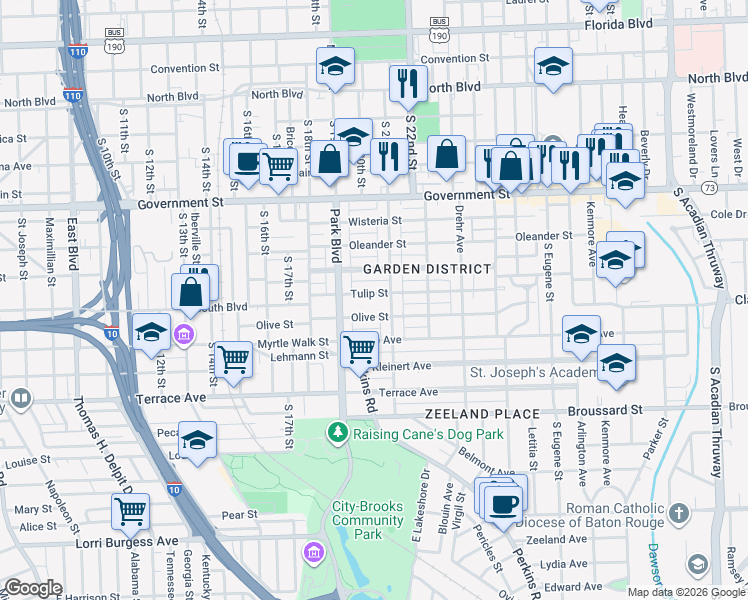 map of restaurants, bars, coffee shops, grocery stores, and more near 1958 Tulip Street in Baton Rouge