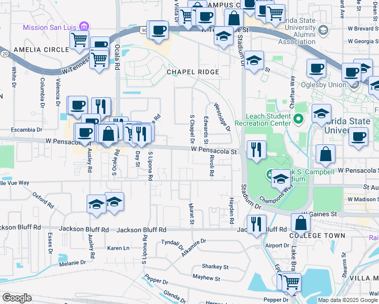 map of restaurants, bars, coffee shops, grocery stores, and more near 1803 West Pensacola Street in Tallahassee