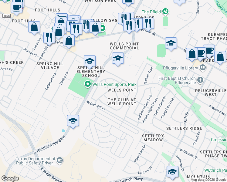 map of restaurants, bars, coffee shops, grocery stores, and more near 811 Champions Point Drive in Pflugerville