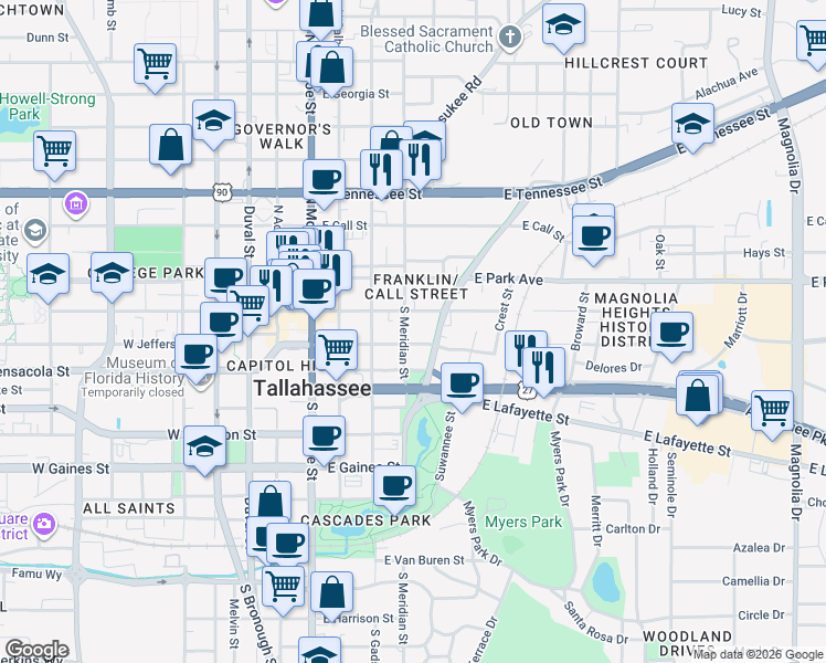map of restaurants, bars, coffee shops, grocery stores, and more near 336 South Franklin Boulevard in Tallahassee