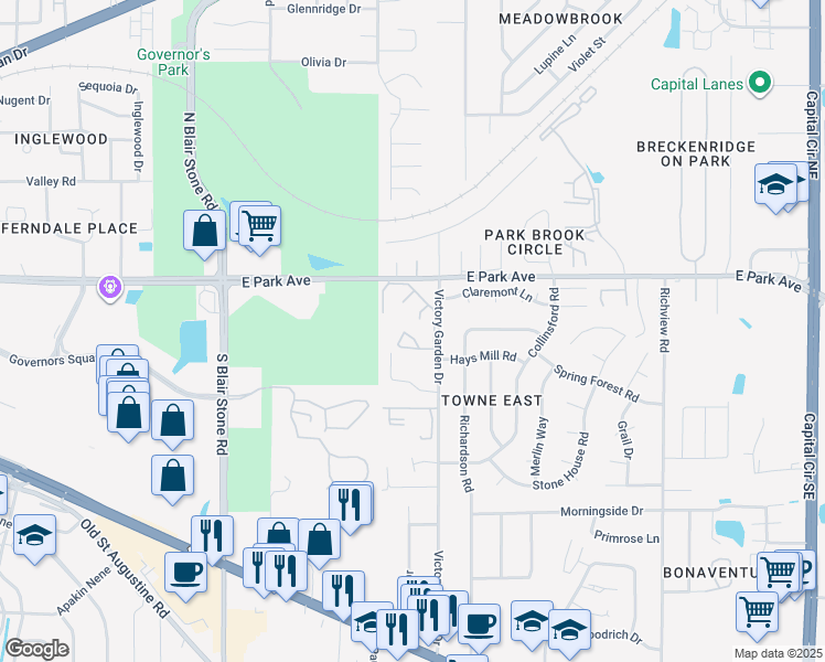 map of restaurants, bars, coffee shops, grocery stores, and more near 400 Victory Garden Drive in Tallahassee