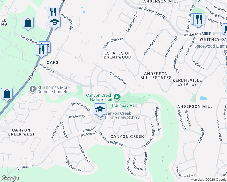 map of restaurants, bars, coffee shops, grocery stores, and more near 11005 Andenwood Drive in Austin