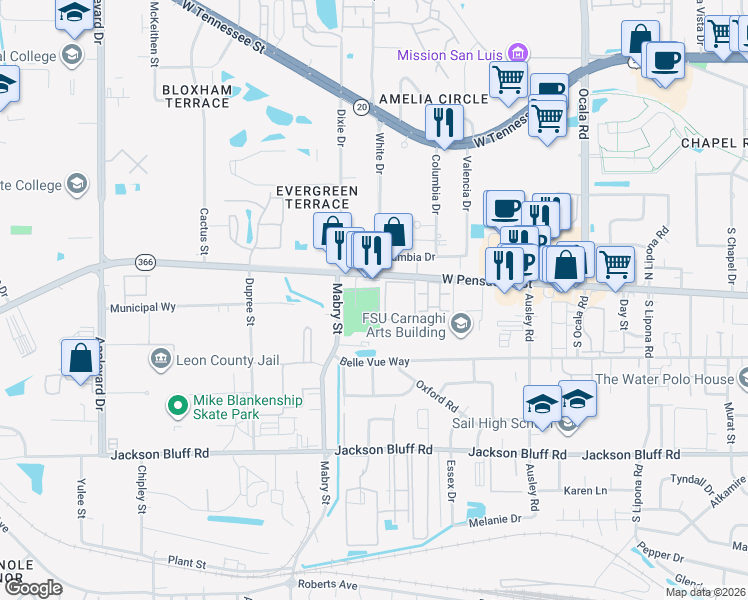 map of restaurants, bars, coffee shops, grocery stores, and more near 2325 West Pensacola Street in Tallahassee