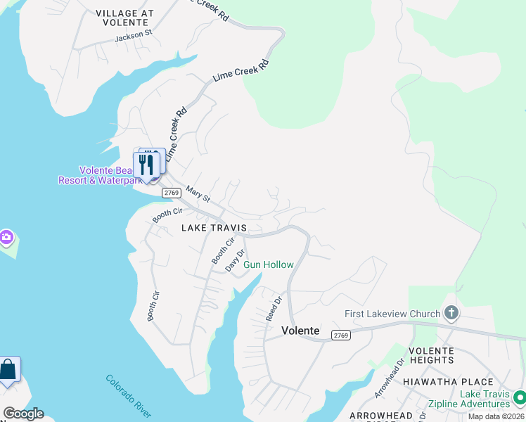map of restaurants, bars, coffee shops, grocery stores, and more near 15608 Mary Street in Volente