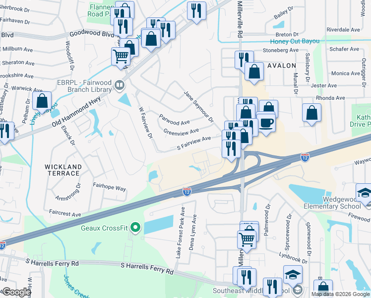 map of restaurants, bars, coffee shops, grocery stores, and more near 13462 South Fairview Avenue in Baton Rouge