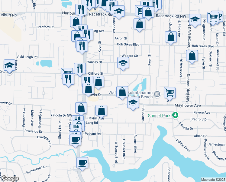 map of restaurants, bars, coffee shops, grocery stores, and more near 318 Lewis Street in Fort Walton Beach