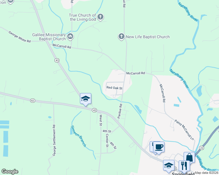 map of restaurants, bars, coffee shops, grocery stores, and more near 31470 Red Oak Street in Springfield