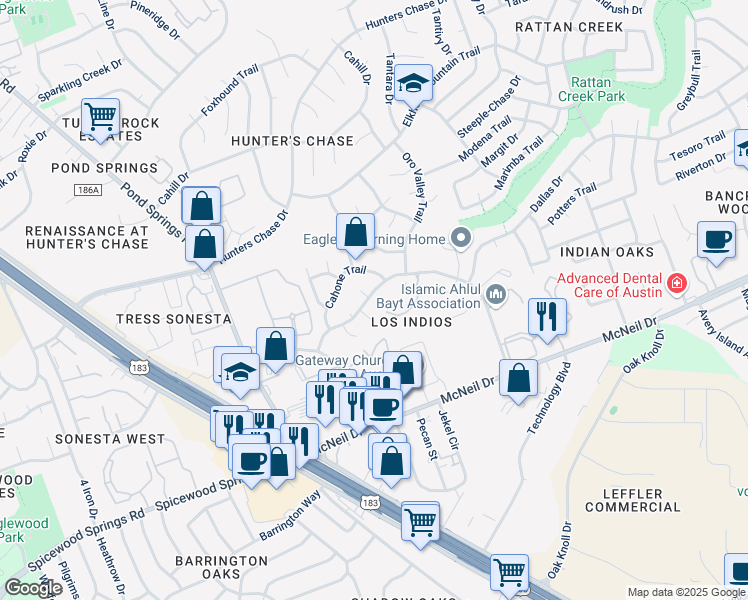 map of restaurants, bars, coffee shops, grocery stores, and more near 12325 Los Indios Trail in Austin