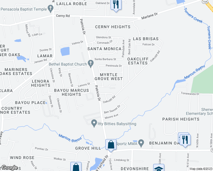 map of restaurants, bars, coffee shops, grocery stores, and more near 7160 Pearson Road in Pensacola