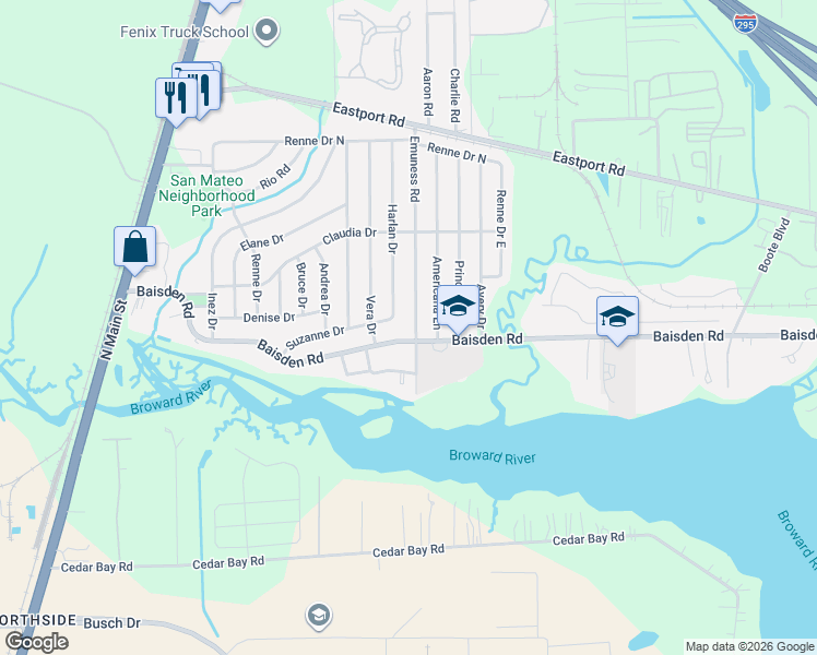 map of restaurants, bars, coffee shops, grocery stores, and more near 546 Baisden Road in Jacksonville