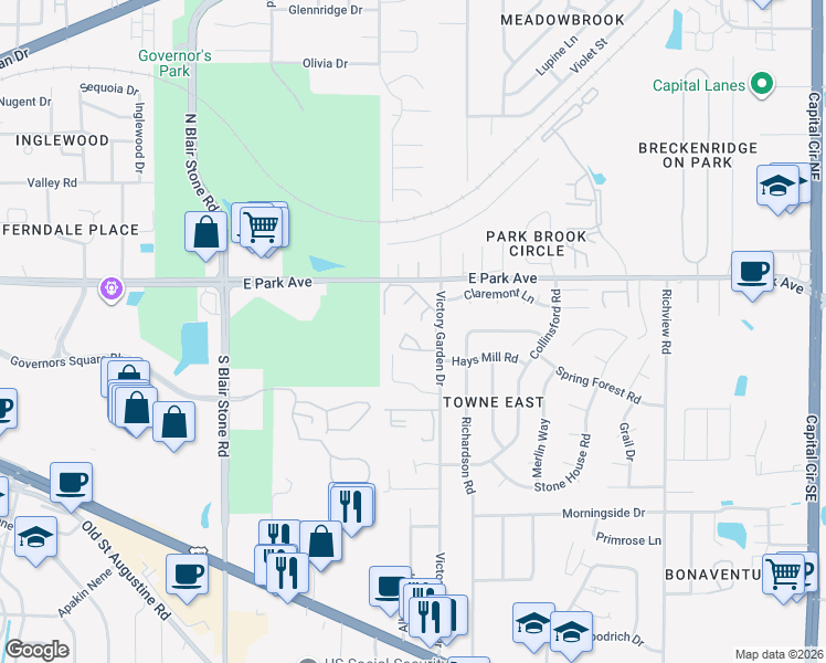 map of restaurants, bars, coffee shops, grocery stores, and more near 400 Victory Garden Drive in Tallahassee