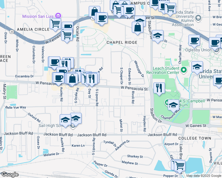 map of restaurants, bars, coffee shops, grocery stores, and more near 1819 West Pensacola Street in Tallahassee