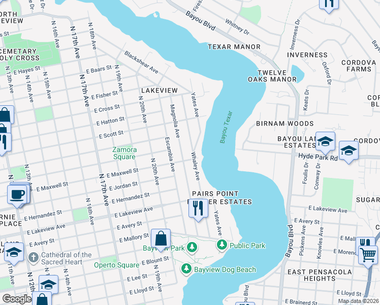 map of restaurants, bars, coffee shops, grocery stores, and more near 2121 East Maxwell Street in Pensacola