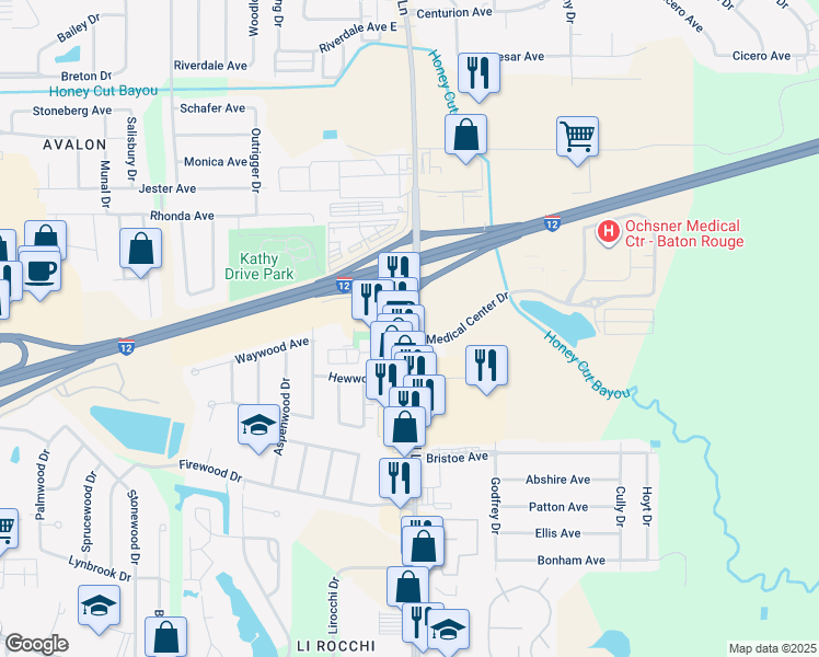 map of restaurants, bars, coffee shops, grocery stores, and more near 2020 O'Neal Lane in Baton Rouge
