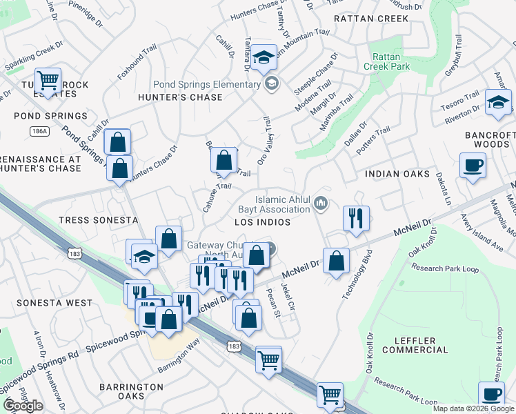 map of restaurants, bars, coffee shops, grocery stores, and more near 12401 Los Indios Trail in Austin