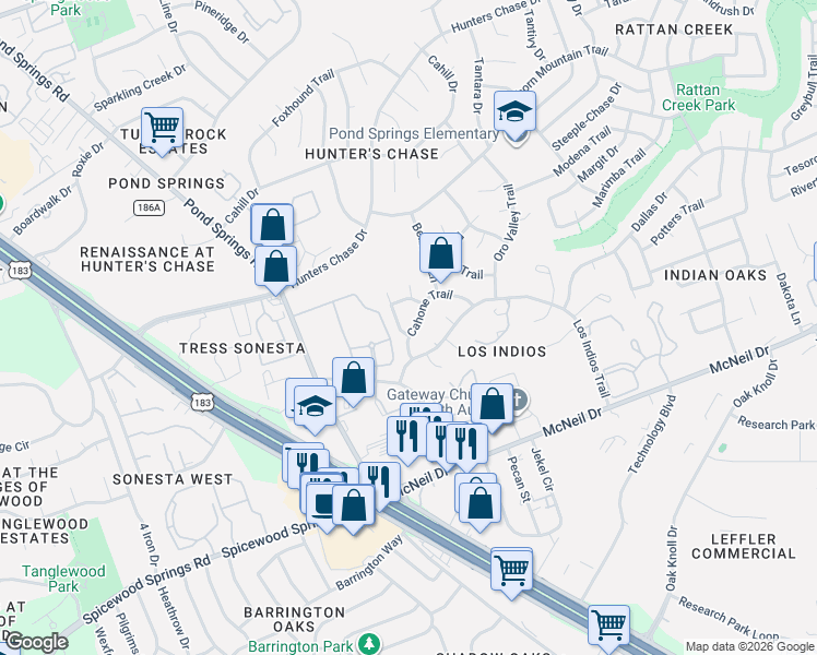 map of restaurants, bars, coffee shops, grocery stores, and more near 12307 Cahone Trail in Austin