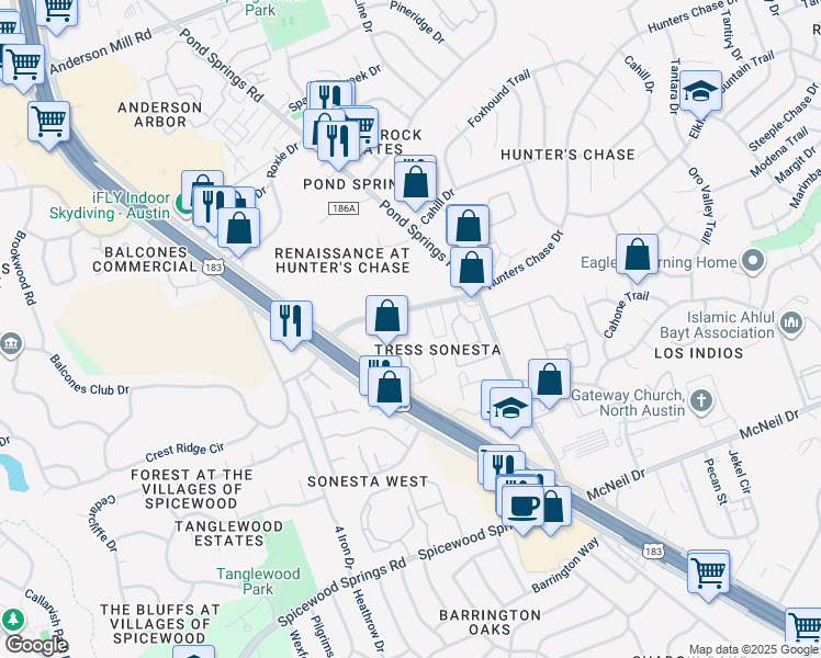 map of restaurants, bars, coffee shops, grocery stores, and more near 12151 Hunters Chase Drive in Austin