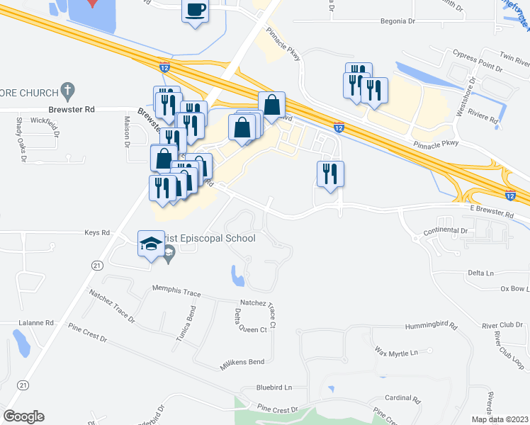 map of restaurants, bars, coffee shops, grocery stores, and more near 100 Christwood Boulevard in Covington