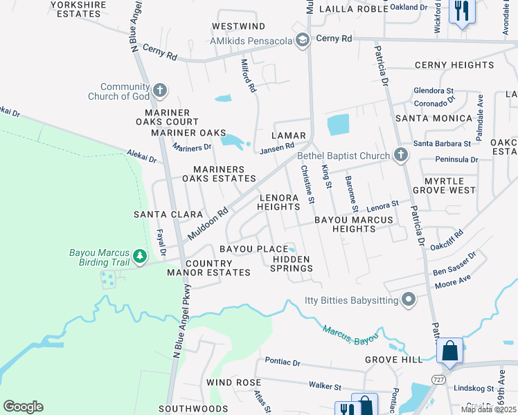 map of restaurants, bars, coffee shops, grocery stores, and more near 7906 Red Bean Drive in Pensacola
