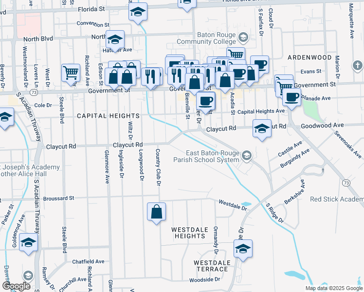 map of restaurants, bars, coffee shops, grocery stores, and more near 4829 Greenside Lane in Baton Rouge