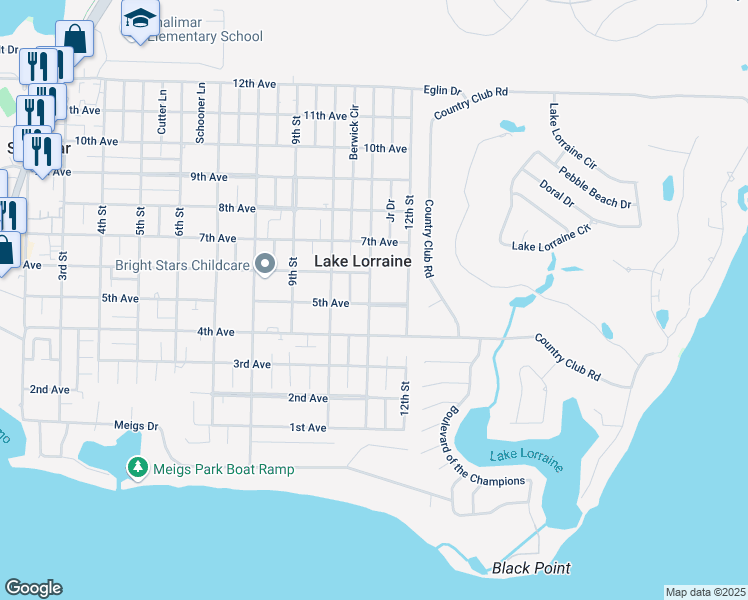 map of restaurants, bars, coffee shops, grocery stores, and more near 30 11th Street in Shalimar