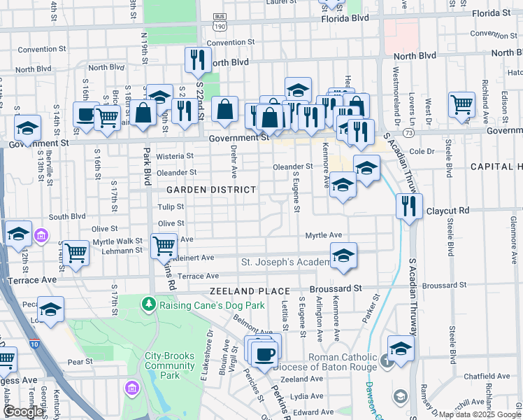map of restaurants, bars, coffee shops, grocery stores, and more near 2512 McGrath Avenue in Baton Rouge
