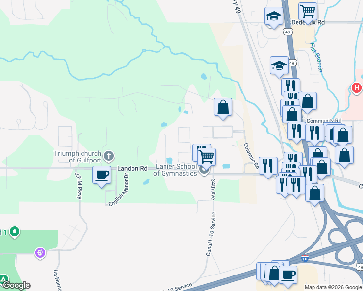 map of restaurants, bars, coffee shops, grocery stores, and more near 10590 Steeplechase Drive in Gulfport
