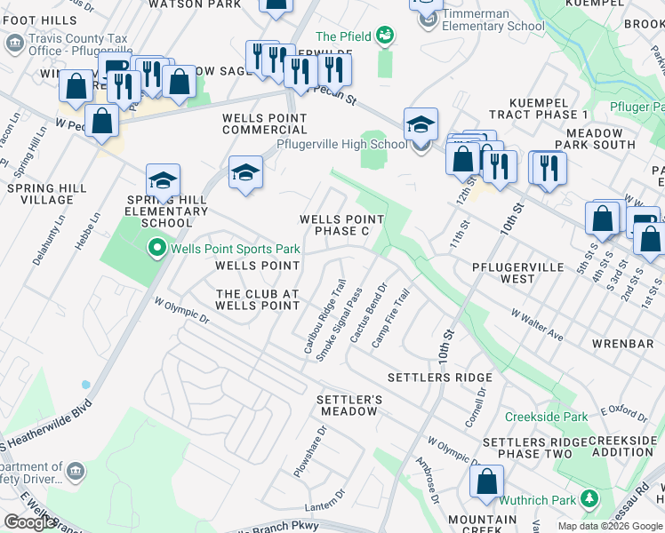 map of restaurants, bars, coffee shops, grocery stores, and more near 613 Runners Ridge in Pflugerville