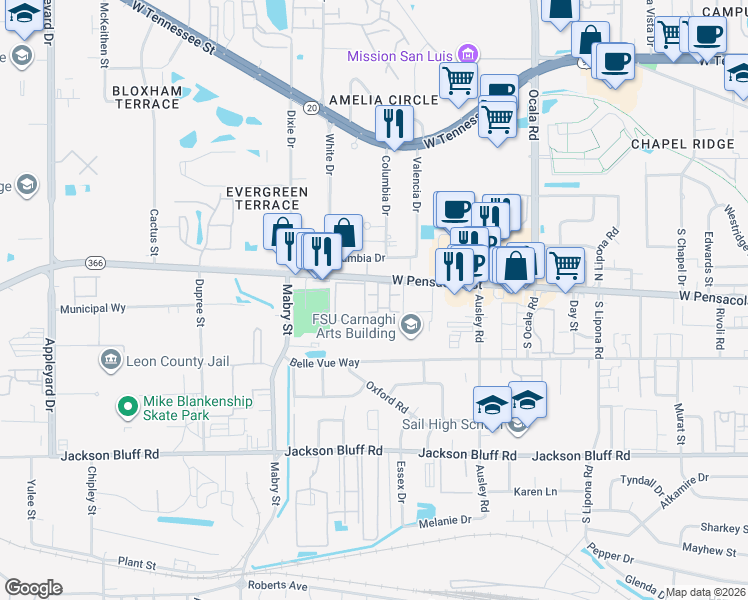 map of restaurants, bars, coffee shops, grocery stores, and more near Unnamed Road in Tallahassee