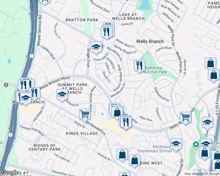 map of restaurants, bars, coffee shops, grocery stores, and more near 14454 Robert I Walker Boulevard in Austin