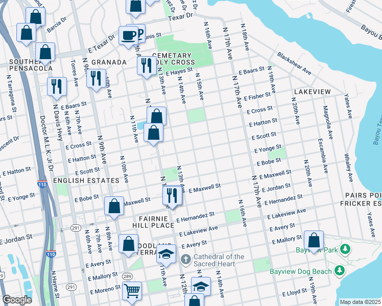 map of restaurants, bars, coffee shops, grocery stores, and more near 2441 North 14th Avenue in Pensacola