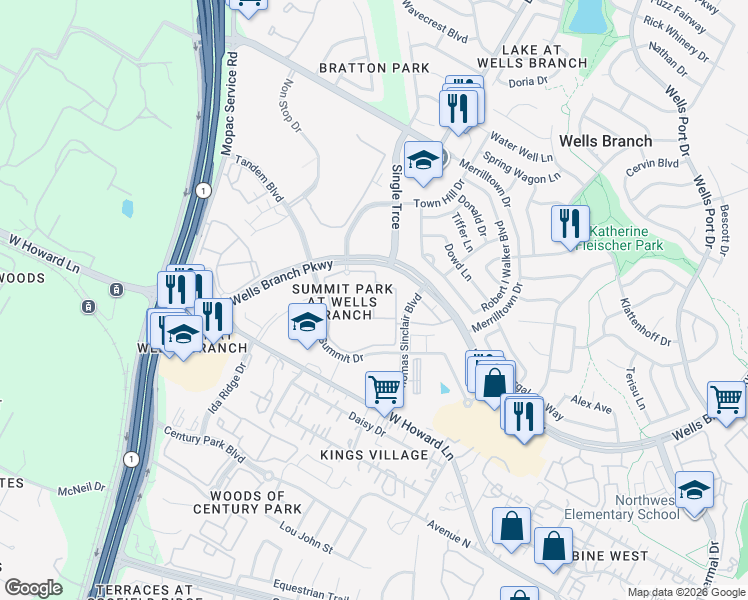map of restaurants, bars, coffee shops, grocery stores, and more near 2801 Wells Branch Parkway in Austin
