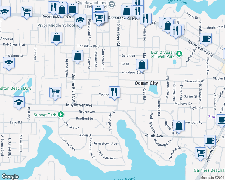 map of restaurants, bars, coffee shops, grocery stores, and more near 117 Valencia Drive in Fort Walton Beach