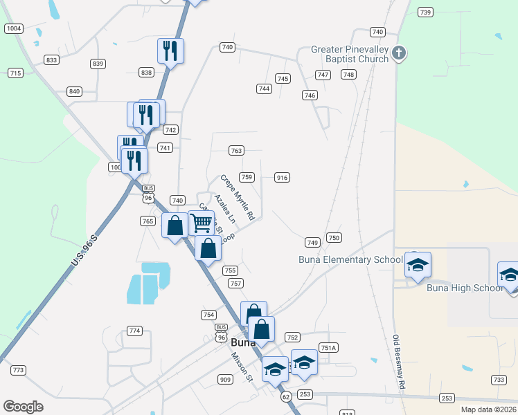 map of restaurants, bars, coffee shops, grocery stores, and more near 372 County Road 758 in Buna