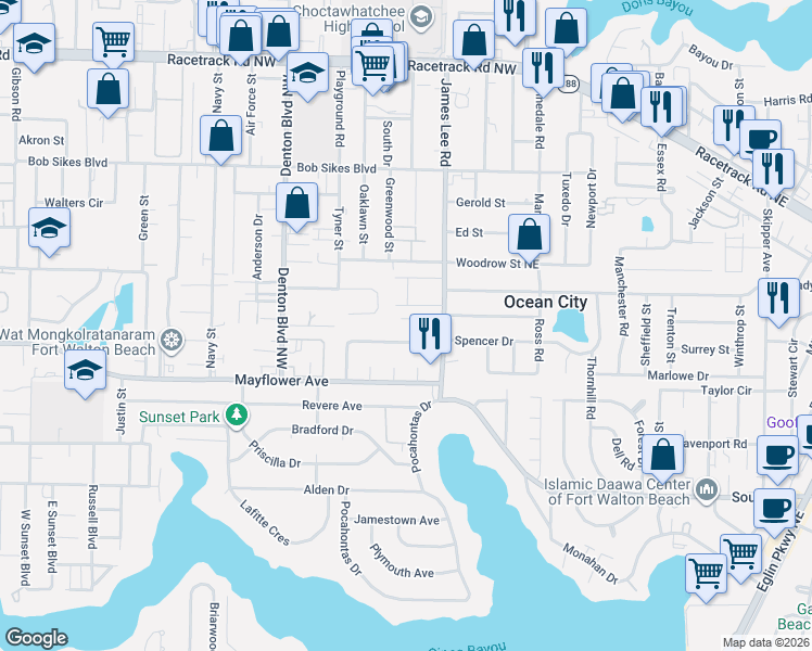 map of restaurants, bars, coffee shops, grocery stores, and more near 608 Spencer Drive in Fort Walton Beach
