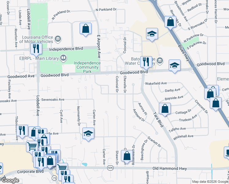 map of restaurants, bars, coffee shops, grocery stores, and more near 1125 Colonial Drive in Baton Rouge